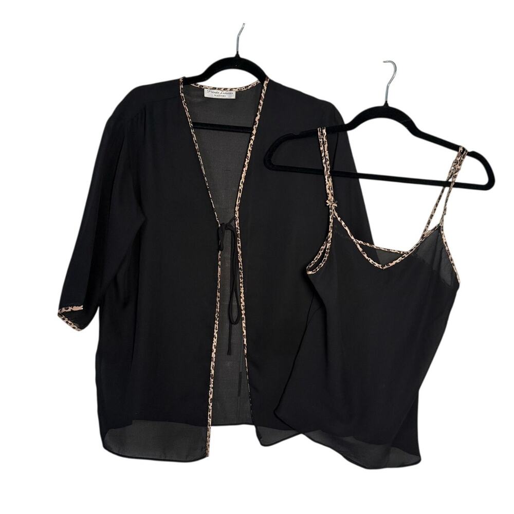 Vintage Natori Private Luxuries Set Women's Small Robe Cami Black Leopard Trim